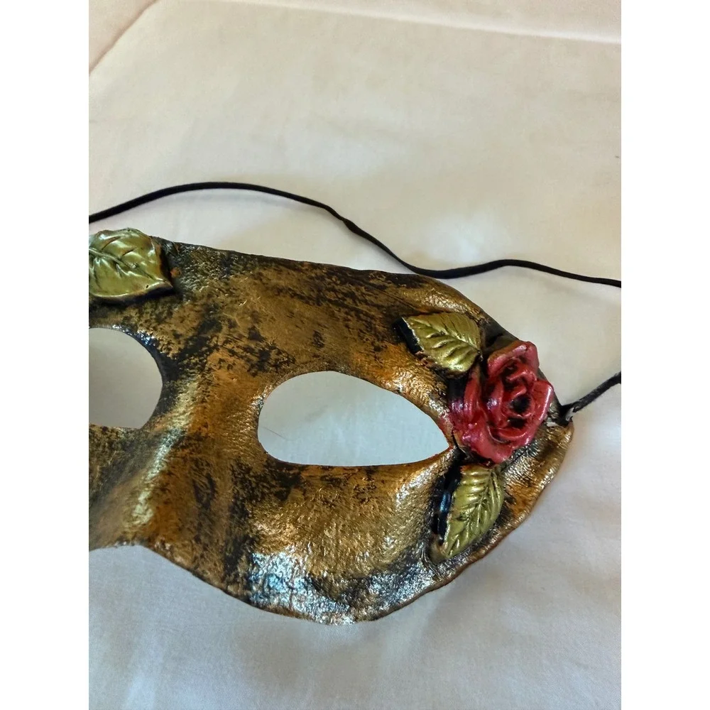 Gold Masquerade Mask with Red Roses Venetian Floral Eye Mask Costume